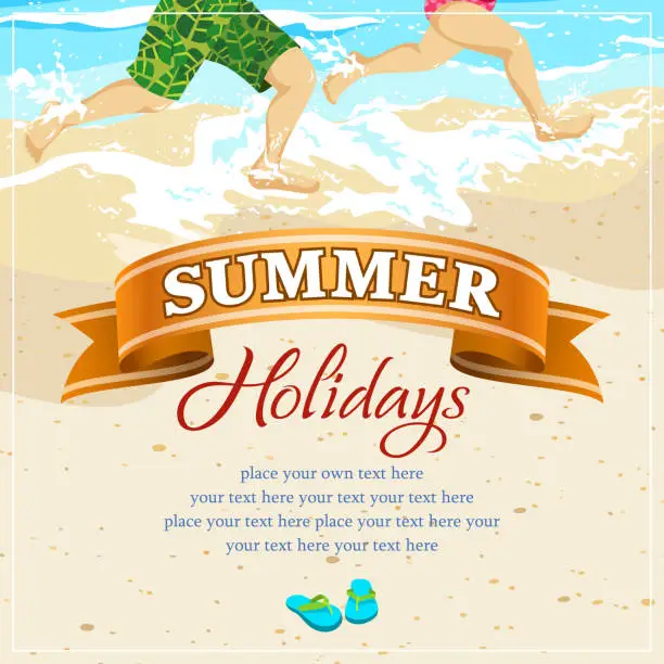 Vector illustration of Kids Playing on Beach in Summer Holiday