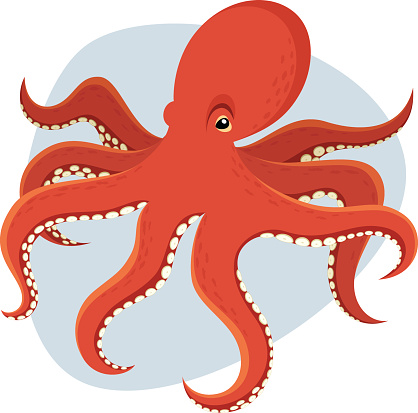 Vector illustration of an octopus against an abstract blue background. Background is on a separate layer from the octopus, and is easily removed in a program such as Illustrator, etc. Also included are high-res .jpg and .png files (.png with transparent background) WITH AND WITHOUT the background shape. Illustration uses no gradients, meshes or blends, only solid color. Both .ai and AI8-compatible .eps formats are included.