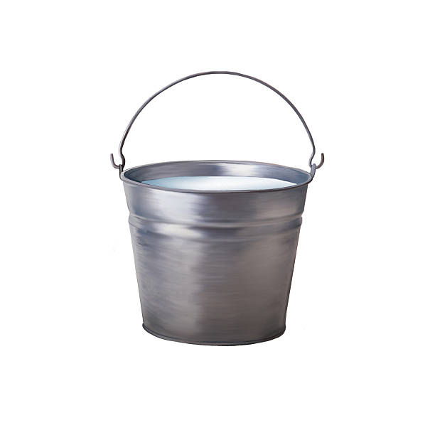 istock Metallic bucket with milk isolated on white background 482728741