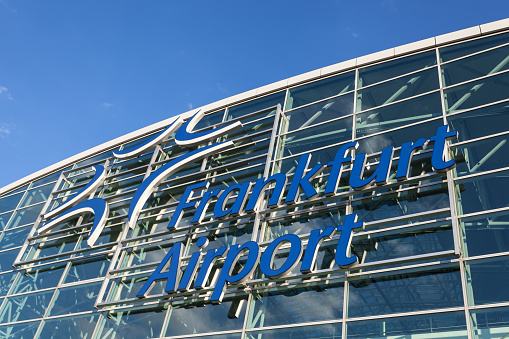 Frankfurt Main, Germany - July 21, 2015: Terminal 2 building with the Logo of Fraport - the Frankfurt International Airport (FRA)