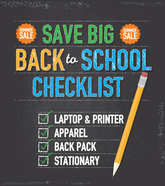 Vector illustration of a Back to School checklist themed design template. Includes sample text design, pencil, and chalkboard background with texture. Separate layers in Illustrator file for easy editing and customization. Download includes Illustrator 10 eps, high resolution jpg and png.