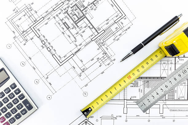 elaboração de ferramentas - drafting ruler architecture blueprint imagens e fotografias de stock
