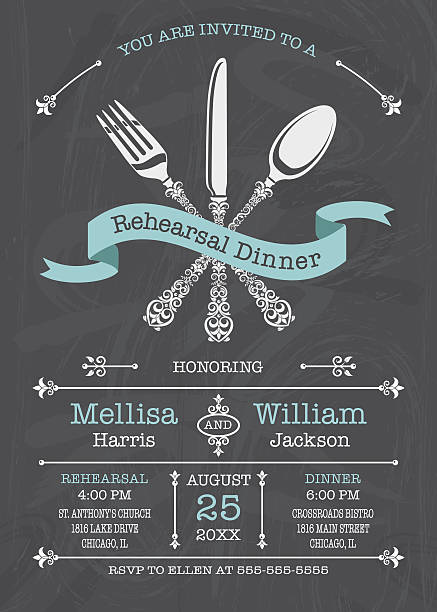 Rehearsal Dinner Invitation Stylized lacy fork, knife, and spoon with banner. Chalkboard Background. Great for any Dinner Party. Please note: It is prohibited to use this on: Online "print-on-demand" products.  dinner stock illustrations