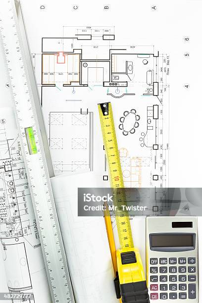 Architectural Drawing Detail And Several Measurement Tools Stock Photo - Download Image Now