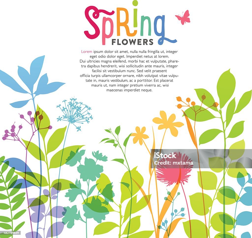 Illustration of colorful spring flowers and stems Spring flowers and stems are depicted against a plain background.  The illustration features a colorful array of flowers, leaves, greenery, blooms and stems jutting up from the bottom of the frame.  The colors used in the botanical elements include several shades of green, purple, blue, pink, orange and yellow.  The background is solid white in color.  At the top of the illustration, centered in the middle, is the word "Spring" in a variety of colors, including hot pink, orange, green, turquoise and blue.  A pink butterfly is flittering over to the right of the word. Springtime stock vector