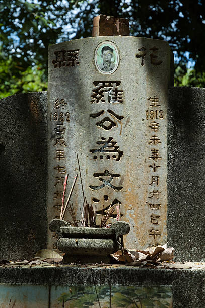old pulau ubin grave - chinese script editorial grave history - fotografias e filmes do acervo