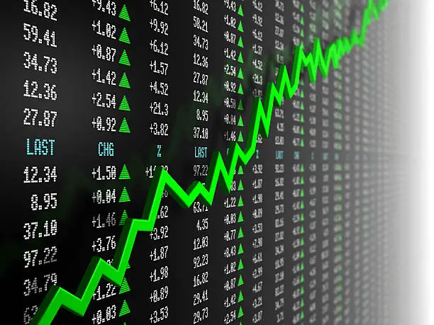 Stock market data with uptrend vector. 3d render.