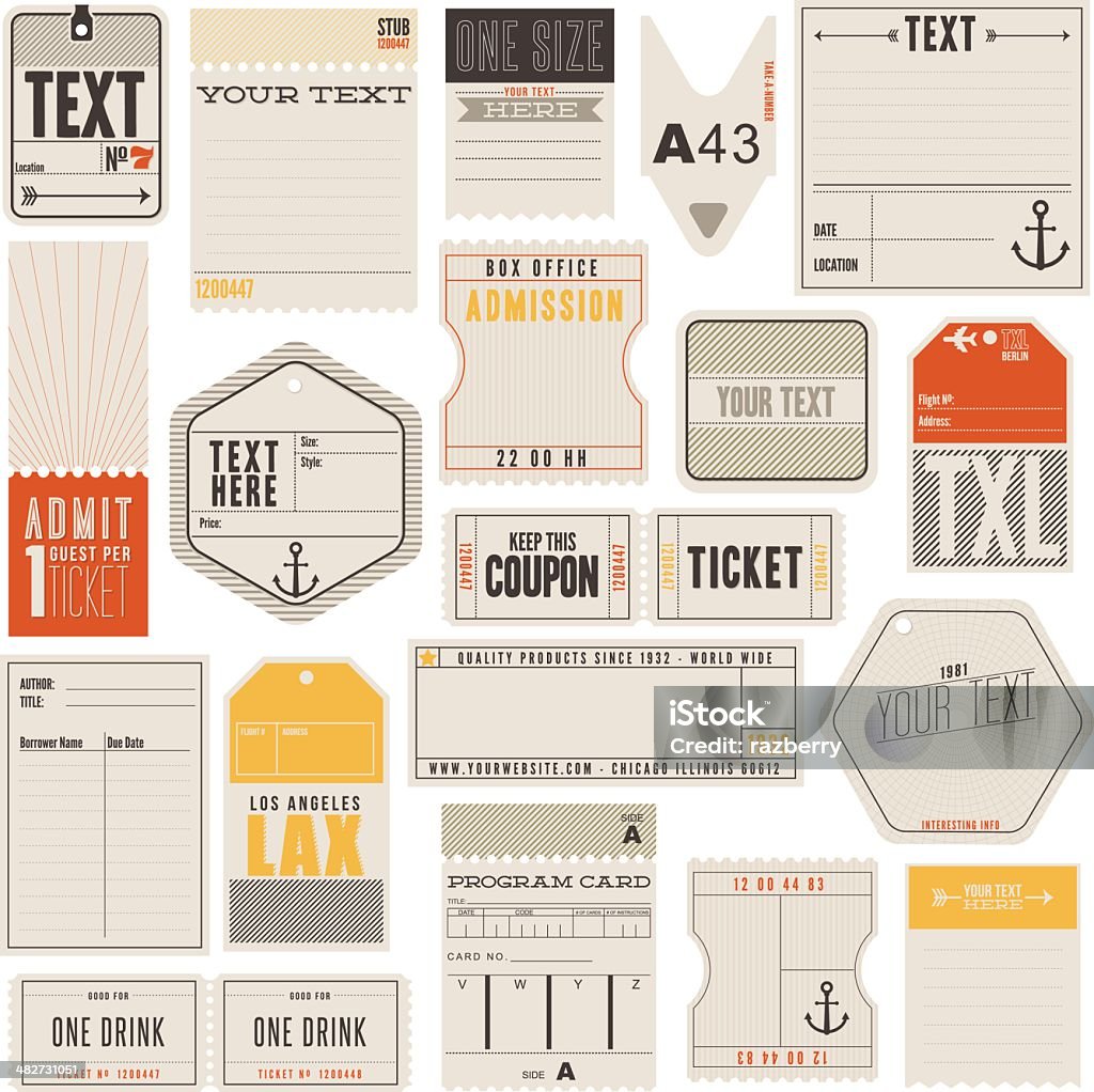 Tickets Tags and More A set of tickets, tags and more. Including library card, luggage tag, clothing labels, box office and drink tickets. Some vintage and others modern look and feel.  Retro Style stock vector