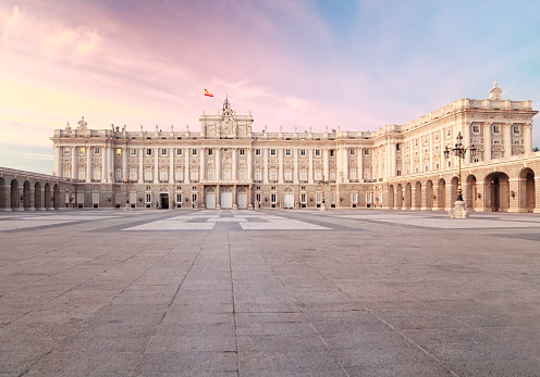 Madrid, Spain - October 7, 2014: Evening view of Madrid Royal Palace with no people