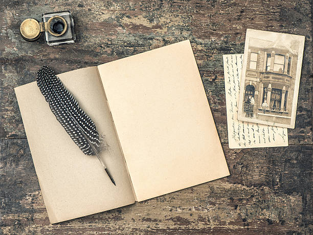 istock Open notice book, vintage writing tools feather pen and inkwell 482737124