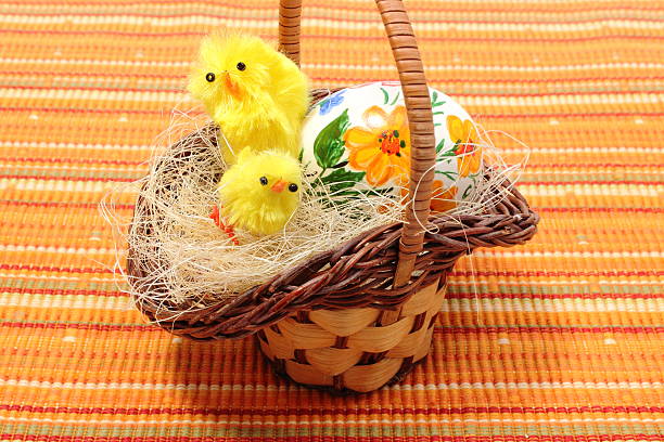 istock Easter chickens in wicker basket and painted egg 482744365