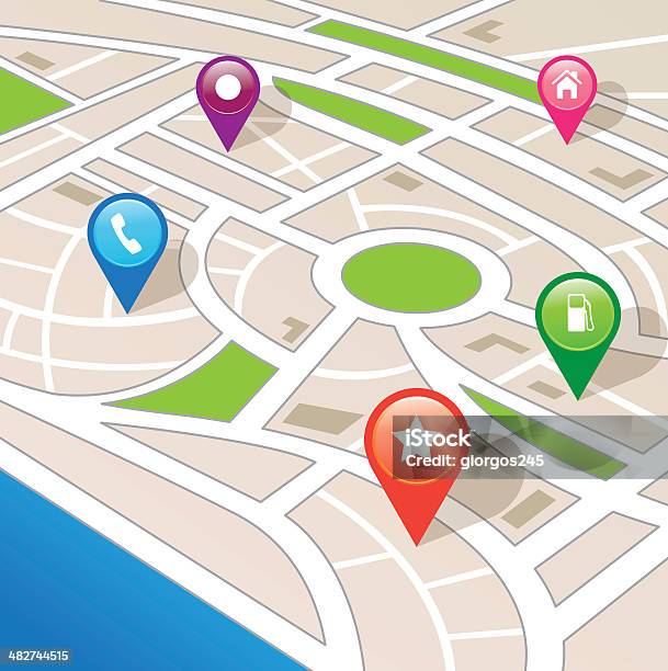 Vetores de Mapa Da Cidade Com Ícones De Navegação e mais imagens de Cidade - Cidade, Projeção isométrica, Vista Aérea