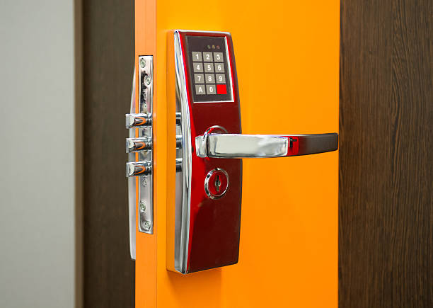 Electronic Security door lock Electronic Security door lock door chain stock pictures, royalty-free photos & images