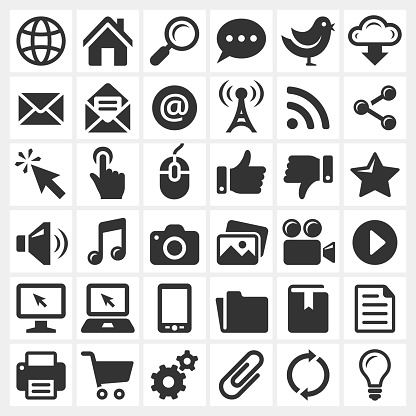 Six rows of six black and white Internet icons can be seen in the image.  The icons are drawn in black color and have been drawn on a white background.  All the icons have been placed over a light gray background.  The icon to the top left symbolizes the Internet.  The icon below the Internet icon is that of an envelope.  The third icon in the first column is that of a mouse pointer.  Other icons visible in this icon set include icons representing a computer, a laptop, a smartphone, a video camera, a computer mouse and a shopping cart.