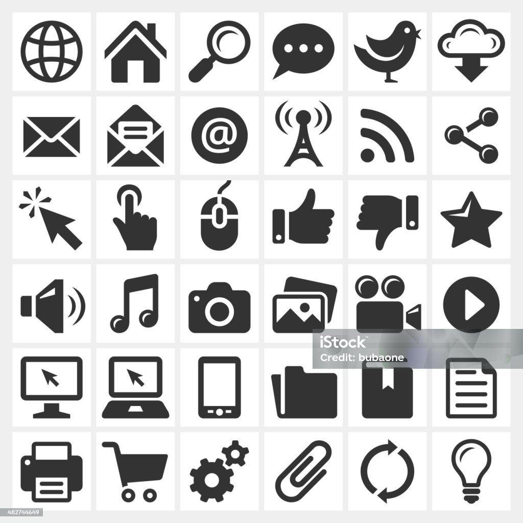 Black and white internet icon set Six rows of six black and white Internet icons can be seen in the image.  The icons are drawn in black color and have been drawn on a white background.  All the icons have been placed over a light gray background.  The icon to the top left symbolizes the Internet.  The icon below the Internet icon is that of an envelope.  The third icon in the first column is that of a mouse pointer.  Other icons visible in this icon set include icons representing a computer, a laptop, a smartphone, a video camera, a computer mouse and a shopping cart. Icon stock vector