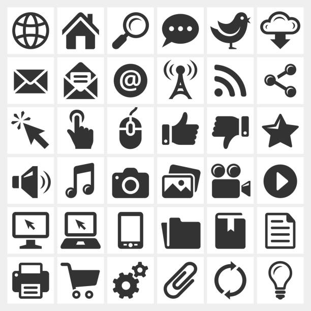 Black and white internet icon set Six rows of six black and white Internet icons can be seen in the image.  The icons are drawn in black color and have been drawn on a white background.  All the icons have been placed over a light gray background.  The icon to the top left symbolizes the Internet.  The icon below the Internet icon is that of an envelope.  The third icon in the first column is that of a mouse pointer.  Other icons visible in this icon set include icons representing a computer, a laptop, a smartphone, a video camera, a computer mouse and a shopping cart. computer mouse photos stock illustrations
