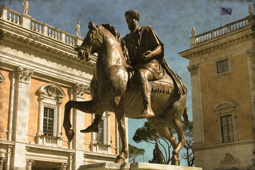 Vintage image of the Equestrian Statue of Marcus Aurelius in Campidoglio square of Rome, Italy