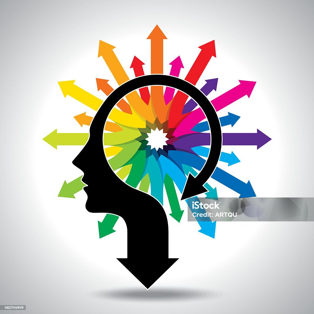 Thoughts and options head with arrows Thoughts and options, vector illustration of head with arrow Contemplation stock vector