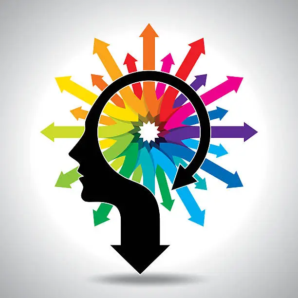 Vector illustration of Thoughts and options head with arrows
