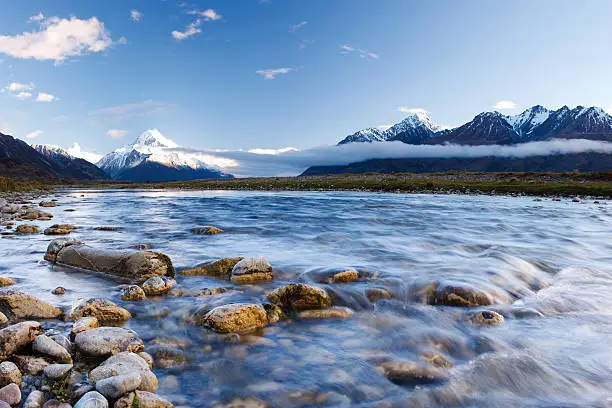 A beautiful stream running through New Zealand's Tasman Valley. Mt Cook can be seen to the left.