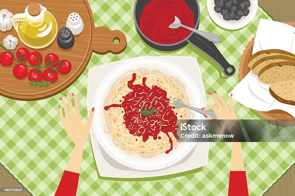 Homemade Italian pasta Illustration showing woman hands with a fork having a homemade Italian pasta for dinner. High angle view. High Angle View stock vector