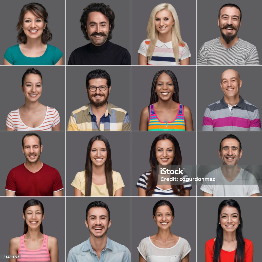 Headshots of multi-ethnic people smiling Smiling facial expression of multi-ethnic group of people from different ethnicities. Sixteen multi-ethnic people in a grid.  Each square of the grid is outlined in white with a gray background.  A head and chest view of one person is in each square.  All of the people are smiling and looking forward. Multiracial Group Stock Photo