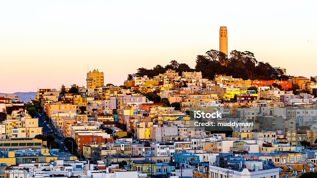 Coit tower on Telegraph Hill san francisco at dusk Panorama of Coit tower on Telegraph Hill in san francisco at dusk 2015 Stock Photo