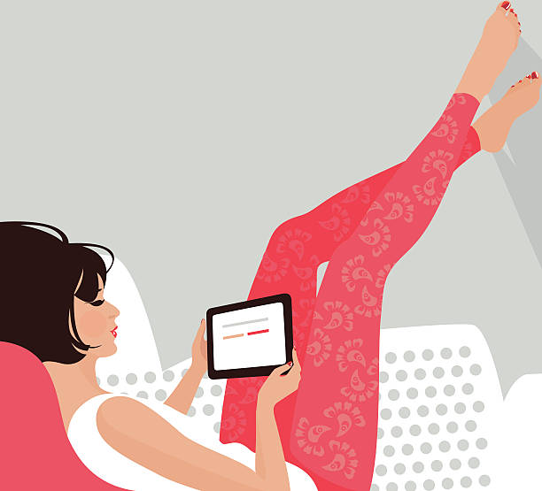 Woman with tablet Woman with tablet feet up stock illustrations