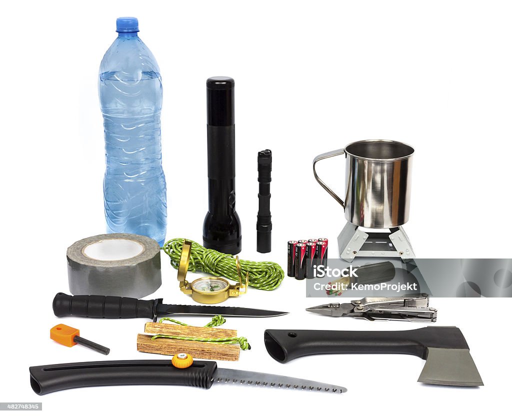 Survival kit with emergency supplies Survival kit with emergency supplies including equipment to build shelter, start fire and make food. First Aid Kit Stock Photo