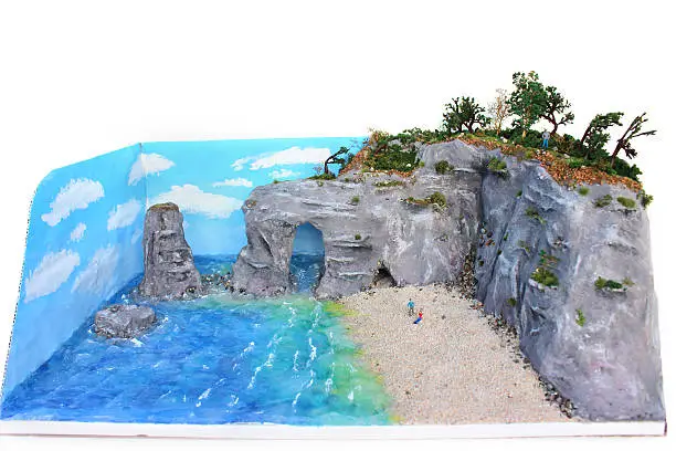Photo showing a school geography homework project which has been made using a cardboard box, chicken wire, mod-roc plaster rolls, sand and clear silicon sealant as the sea.  The model represents the effects of coastal erosion, with crumbling cliffs forming caves, undercut headland, stone arches, stacks and stumps.