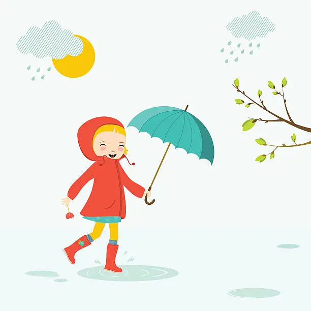 Vector illustration of Little girl with umbrella