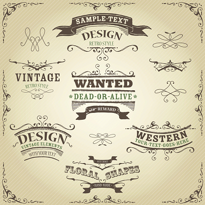Vector illustration of a set of hand drawn western like sketched banners, floral patterns, ribbons, and far west design elements on vintage striped background. File is EPS10 and uses multiply transparency at 100% only on gradient mesh frame background layers. Vector eps and high resolution jpeg files included