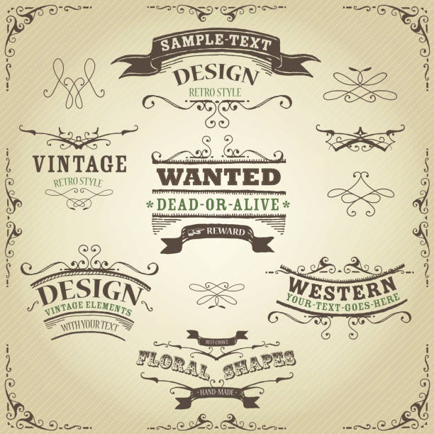 Hand Drawn Western Banners And Ribbons Vector illustration of a set of hand drawn western like sketched banners, floral patterns, ribbons, and far west design elements on vintage striped background. File is EPS10 and uses multiply transparency at 100% only on gradient mesh frame background layers. Vector eps and high resolution jpeg files included wanted poster illustrations stock illustrations