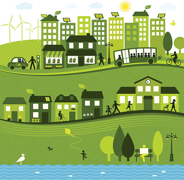 Sustainable City View of an ecological sustainable city solar street lights stock illustrations