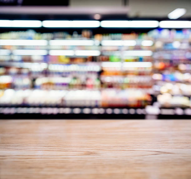 istock Table top counter Bar with Blurred Supermarket shelf 482759294
