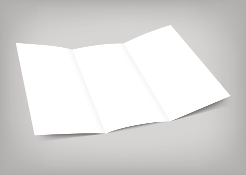 Blank tri fold paper flyer on gray background. 3D illustration with soft shadows. Vector EPS10 illustration.