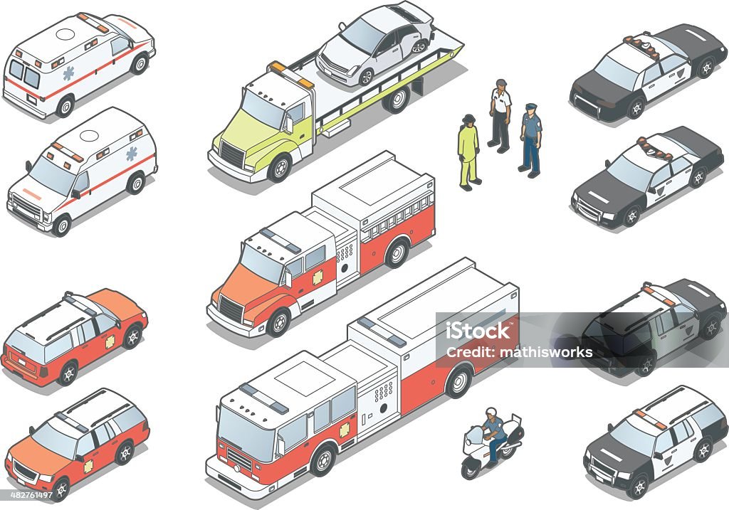 Isometric Notfall Fahrzeuge - Lizenzfrei Feuerwehrauto Vektorgrafik