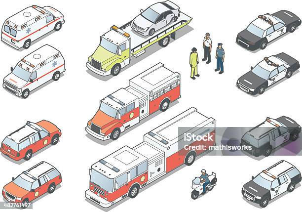 Isometric Notfall Fahrzeuge Stock Vektor Art und mehr Bilder von Feuerwehrauto - Feuerwehrauto, Isometrische Darstellung, SUV