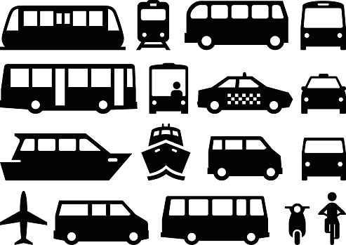 Illustration of forms of public transportation. Includes trains, buses, boats, vans and more. Vector icons for video, mobile apps, Web sites and print projects. See more in this series.