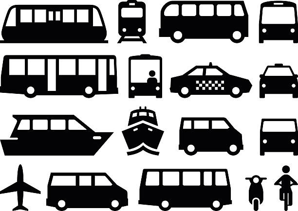 Public Transportation - Black Series Illustration of forms of public transportation. Includes trains, buses, boats, vans and more. Vector icons for video, mobile apps, Web sites and print projects. See more in this series. bus stock illustrations
