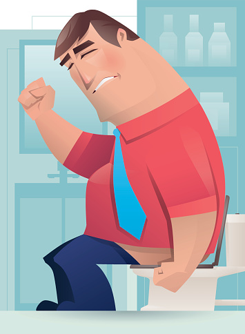 vector illustration of middle age constipated man sitting on toilet…