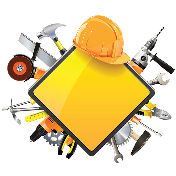 ilustraciones, imágenes clip art, dibujos animados e iconos de stock de cartel de vector de construcción con herramientas - hand tool construction equipment household equipment work tool