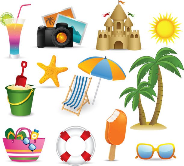 Beach and Summer icon collection Beach and summer icon collection sand clipart stock illustrations