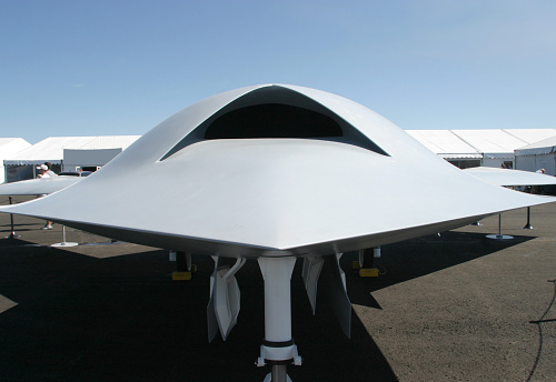Boeing X-45A UCAV (Unmanned Combat Aerial Vehicle) on display in an air show, Dayton, Ohio, USA.