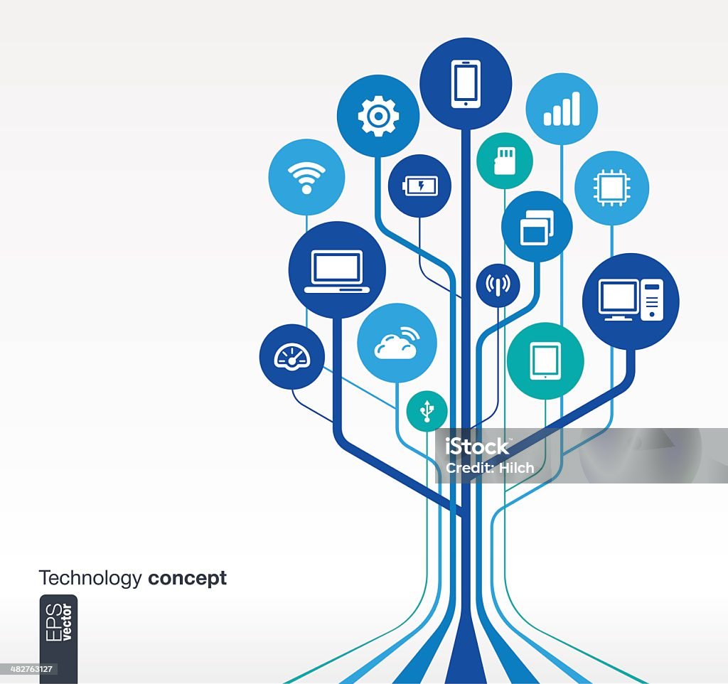 Abstract technology background with icons A vector illustration of 15 technology icons connected to a group of circuits that form the shape of a tree against a white background.  Each icon is surrounded by a light or dark blue circle.  The circuits connecting the icons are light and dark blue.  Icons include a mobile phone, a laptop, a Wi-Fi signal, a power bar, an Internet signal, a router symbol, a flash card, a USB symbol, a desktop computer, a computer chip and a cloud computing symbol.  The circuits connecting the icons bend and move down toward the bottom of the image to form a tree. Tree stock vector