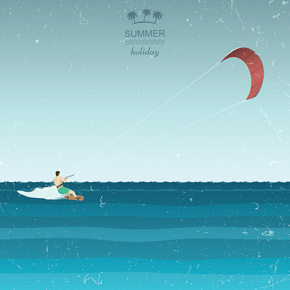 Kitesurfing illustration in retro style. Kiting in the sea