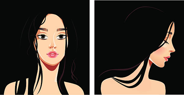 portrait of face girl in straight and profile vector art illustration