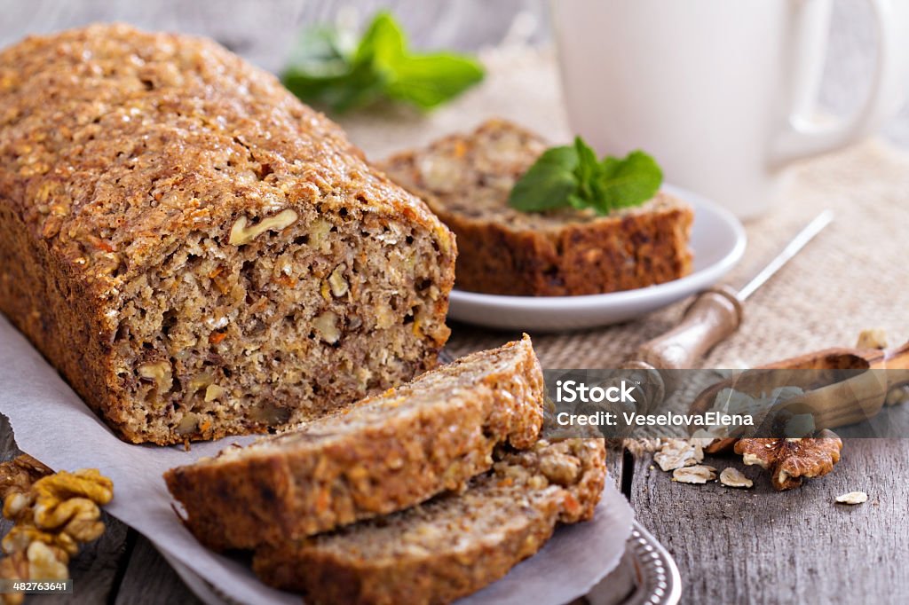 Vegan banana carrot bread Vegan banana carrot bread with oats and nuts Bread Stock Photo