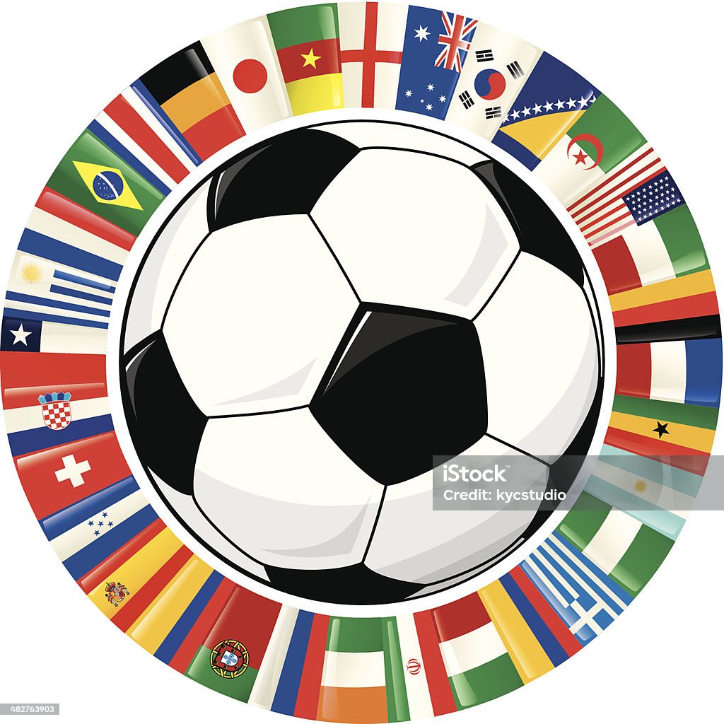 Bola de futebol e anel de mundo Bandeiras de futebol Campeonato 2014 - Royalty-free Evento de futebol internacional arte vetorial