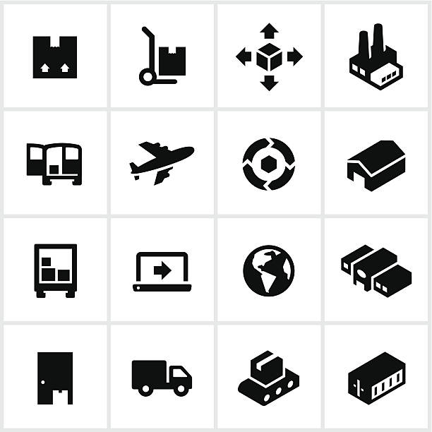 Black Product Shipping Icons Logistics and shipping icons. All white strokes/shapes are cut from the icons and merged allowing the background to show through. global conveyor belt stock illustrations
